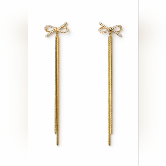 Gold Bow Rhinestone Tassel Earrings Long Dangle Chain Elegant Statement Jewelry - Picture 2 of 2